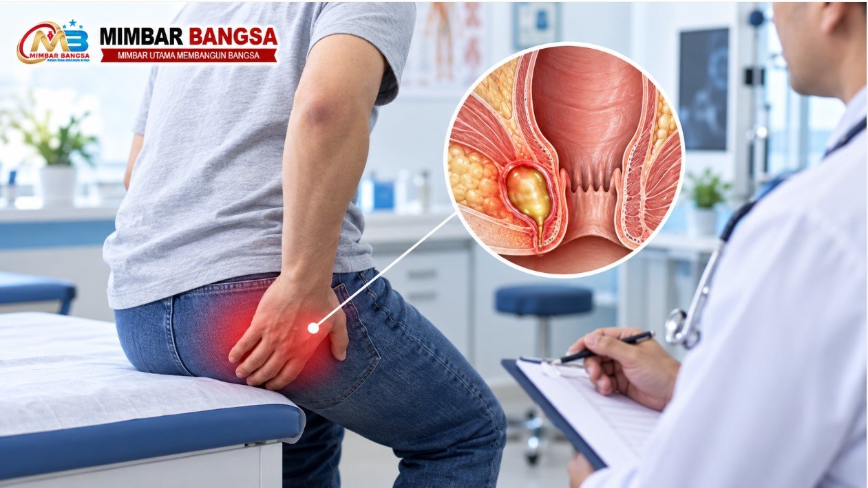 Ilustrasi abses anus, infeksi yang menyebabkan terbentuknya rongga berisi nanah di sekitar anus atau rektum dan umumnya memerlukan evaluasi medis.