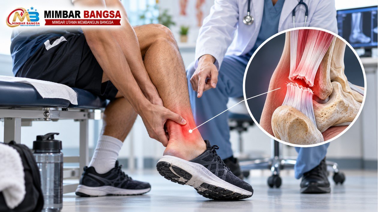 Ilustrasi Achilles tendon rupture atau robekan tendon Achilles di belakang pergelangan kaki