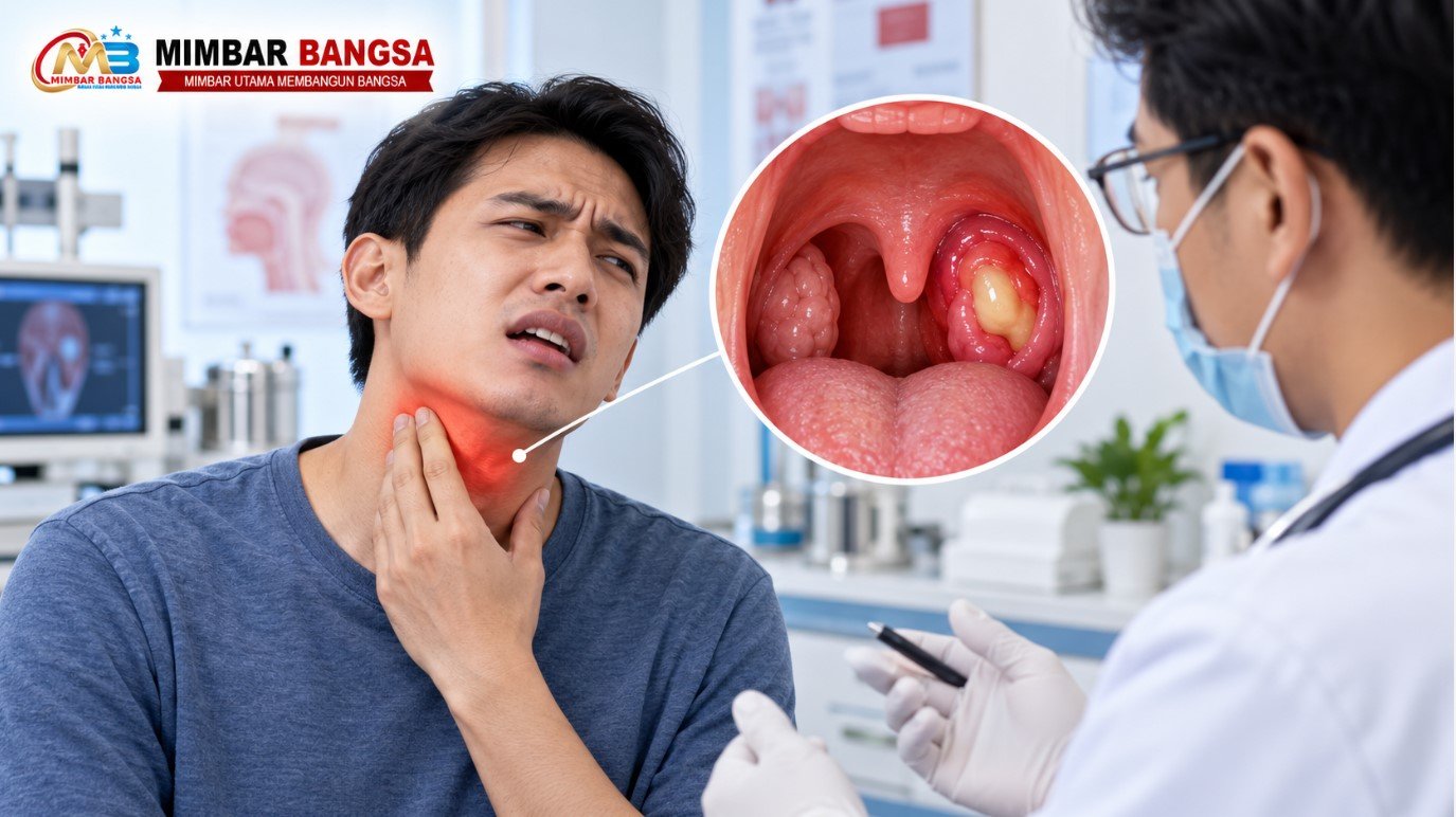 Ilustrasi abses peritonsil berupa kantong nanah pada jaringan di sekitar amandel