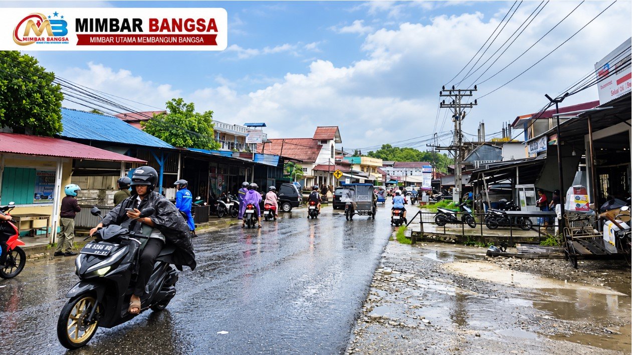 Ilustrasi genangan air di jalan saat hujan deras di Teluk Dalam, Nias Selatan Ilustrasi genangan air di jalan saat hujan deras di Teluk Dalam, Nias Selatan