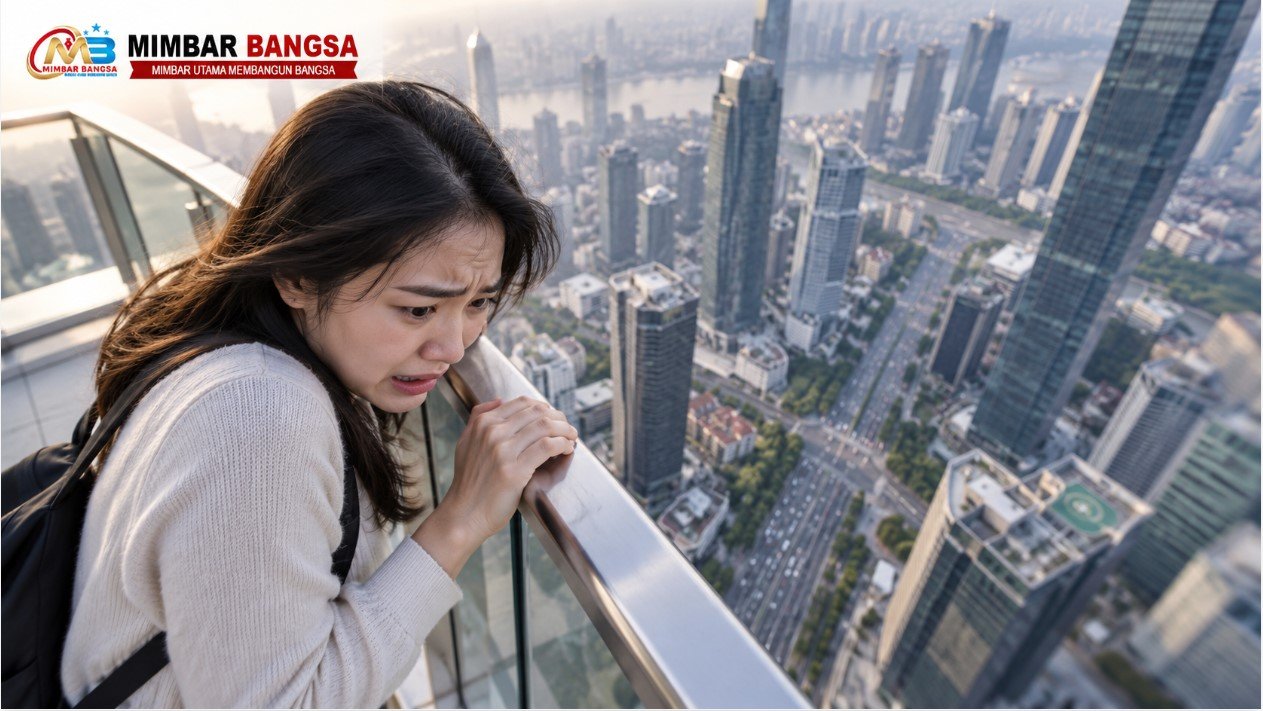 Ilustrasi penderita acrophobia atau fobia ketinggian mengalami kecemasan saat berada di tempat tinggi