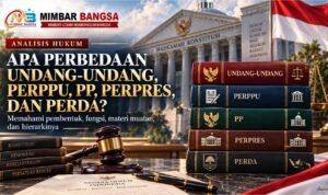 Ilustrasi perbedaan UU, Perppu, PP, Perpres, dan Perda berdasarkan pembentuk, fungsi, materi muatan, dan hierarki hukumnya.