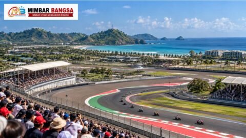 Ilustrasi MotoGP Mandalika dengan suasana balapan, penonton, dan kawasan wisata pesisir Lombok, Nusa Tenggara Barat.