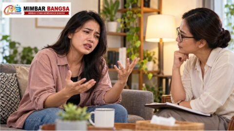 Ilustrasi seseorang berbicara mengenai keluhan dan emosi kepada orang yang mendengarkan dengan empati.