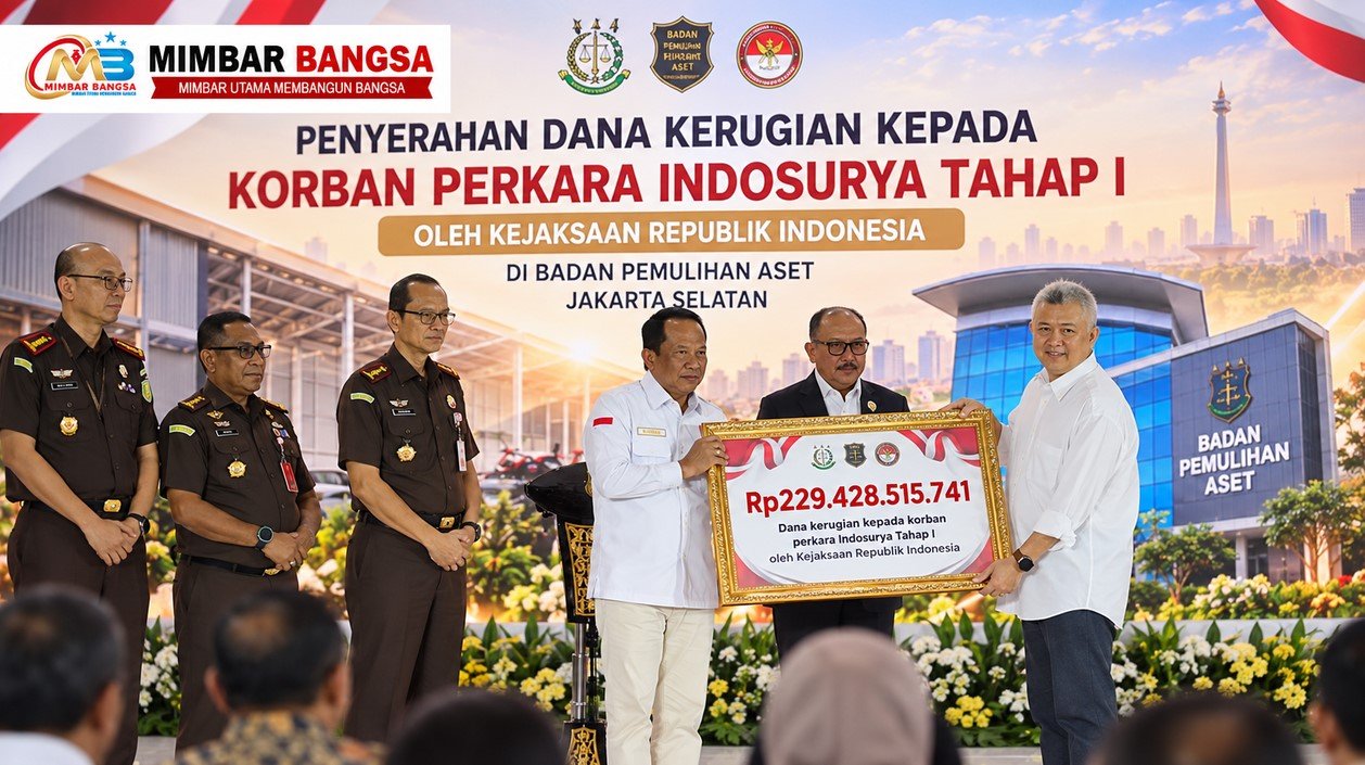Kepala BPA Kejaksaan Patris Yusrian Jaya menyerahkan dana secara simbolis kepada perwakilan korban KSP Indosurya di Jakarta Selatan.