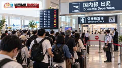 Ilustrasi antrean penumpang di pos pemeriksaan keamanan Bandara Naha, Jepang, menyusul insiden dugaan kehilangan gunting petugas.