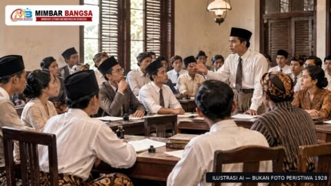 Ilustrasi suasana pertemuan pemuda Indonesia pada masa pergerakan nasional menjelang Sumpah Pemuda 1928